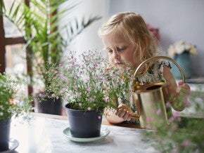 Niña pequeña regando plantas con una regadora.