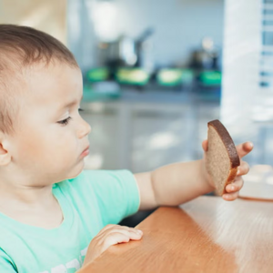 Cómo saber si mi bebé es celíaco Niño pequeño sentado en una mesa de madera en la cocina, con camiseta verde, sosteniendo una rebanada de pan integral.